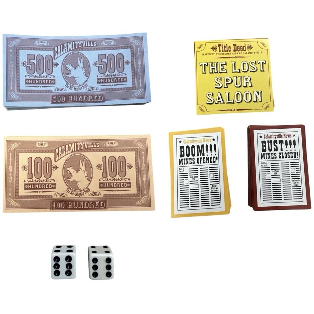 Fundex Calamityville The Gold Rush Game Replacement Deeds Cards Money Dice
